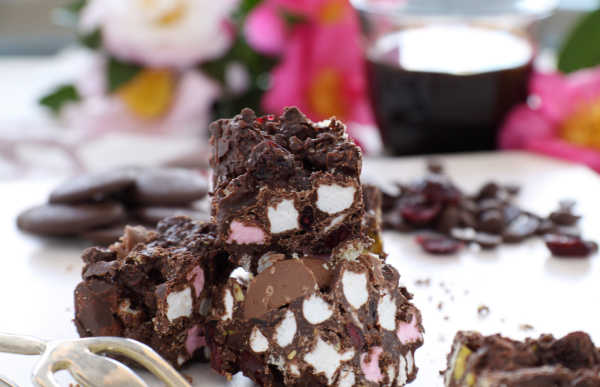 Chocolate Rocky Road with nuts and marshmallows on a plate